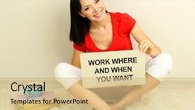  Presentation with young man holdng laptop on lap money - Beautiful slides featuring worklace life balance - young woman sitting with laptop backdrop and a coral colored foreground