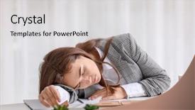  Presentation with sleeping - Cool new slide deck with worklace life balance - young woman sleeping on workplace backdrop and a light gray colored foreground