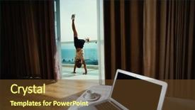  Presentation with yoga - Beautiful PPT theme featuring worklife balance women - young attractive happy woman practicing backdrop and a tawny brown colored foreground