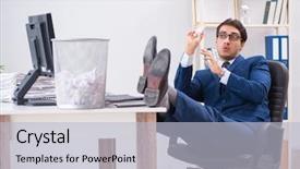  Presentation with employee working in industry - Beautiful presentation design featuring workload - young handsome businessman employee working backdrop and a light gray colored foreground