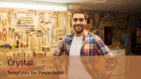  Presentation with workshop tools - PPT theme having workman - profession people carpentry and people background and a coral colored foreground