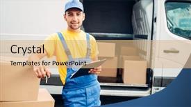  Presentation with box carton - Slide deck consisting of workman or courier holds carton background and a coral colored foreground