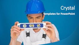  Presentation with spirit - PPT theme featuring workman viewing a spirit level concentrating as he bends forwards trying to read the position of the bubble to ensure a horizontal line background and a teal colored foreground