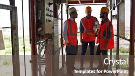  Presentation with workmen - Slide deck enhanced with workmen standing in industrial elevator background and a tawny brown colored foreground