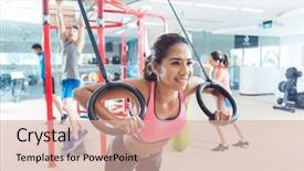  Presentation with cheerful - Amazing slide deck having fitness center with modern equipment backdrop and a coral colored foreground