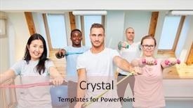  Presentation with group of sports balls - Amazing PPT theme having workout with dumbbells and expand backdrop and a  colored foreground