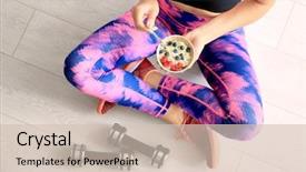  Presentation with sportswear - Beautiful PPT theme featuring workoutdiet - young woman in sportswear eating backdrop and a soft green colored foreground