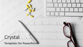  Presentation with capsules pills pill doctor prescription - Amazing PPT theme having drug testing workplace - doctor's desk with keyboard glasses backdrop and a light gray colored foreground