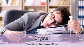  Presentation with funny - Slide set consisting of young businessman drinking from stress background and a light blue colored foreground