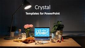  Presentation with books flowers - Colorful slides enhanced with workplace-by-window-in-dark backdrop and a dark gray colored foreground