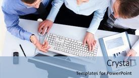  Presentation with successful communication - Colorful PPT layouts enhanced with workplace communication - above view of successful co-workers backdrop and a light blue colored foreground