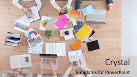  Presentation with business communication - Audience pleasing PPT layouts consisting of workplace communication - business people sitting and discussing backdrop and a coral colored foreground