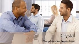  Presentation with workplace - Audience pleasing PPT layouts consisting of workplace communication - businesspeople talking in office smiling backdrop and a  colored foreground
