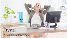  Presentation with office chair - Cool new slides with workplace communication - businesswoman relaxing in a swivel backdrop and a lemonade colored foreground