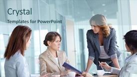  Presentation with business plan - Colorful presentation theme enhanced with workplace communication - image of four businesswomen discussing backdrop and a light blue colored foreground