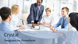  Presentation with international business - Colorful slide deck enhanced with workplace communication - international group of business people backdrop and a light blue colored foreground