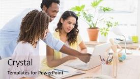  Presentation with employees working together - Colorful presentation theme enhanced with workplace communication - smiling colleagues working together backdrop and a  colored foreground