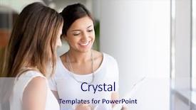  Presentation with next - Amazing presentation design having workplace communication - two female collegues standing next backdrop and a sky blue colored foreground