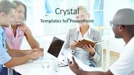  Presentation with team working together - Beautiful PPT theme featuring workplace communication - young business team working together backdrop and a cool aqua colored foreground