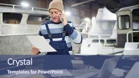  Presentation with aged paper - Presentation design featuring workplace communication manufacturing - aged engineer in workwear reading background and a  colored foreground