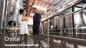  Presentation with female male symbol - Cool new PPT layouts with workplace communication manufacturing - male and a female technician backdrop and a dark gray colored foreground