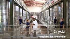  Presentation with staff - Beautiful PPT theme featuring workplace communication manufacturing - two staff talking on gangway backdrop and a tawny brown colored foreground