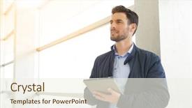  Presentation with flower office desk table - Amazing slide deck having new sales employee welcome - casual businessman with tablet backdrop and a cream colored foreground