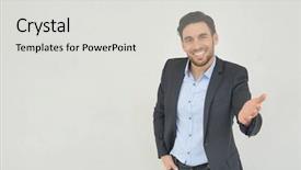  Presentation with camera - Cool new PPT layouts with teamwotk gray - handsome businessman smiling at camera backdrop and a light gray colored foreground