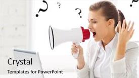  Presentation with teal design no picture - Colorful slides enhanced with workplace conflict - picture of strict businesswoman shouting backdrop and a white colored foreground