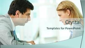  Presentation with employees - Presentation theme featuring workplace conflict - profiles of serious employees looking background and a cool aqua colored foreground