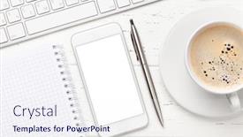  Presentation with smartphone app - Slides featuring workplace-desk-table-with-smartphone background and a sky blue colored foreground