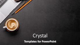  Presentation with notepad - PPT theme featuring workplace-essentials-laptop-coffee-notepad and a dark gray colored foreground