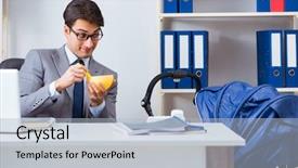  Presentation with newborn baby - Theme with workplace flexibility - businessman looking after newborn baby background and a light blue colored foreground