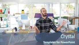  Presentation with mother doing yoga kids - Theme with workplace flexibility - male executive doing yoga background and a ocean colored foreground