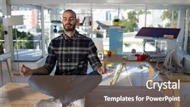  Presentation with executive - Audience pleasing presentation design consisting of workplace flexibility - male executive doing yoga backdrop and a violet colored foreground