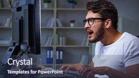  Presentation with office ergonomics man worker exercising - Colorful PPT layouts enhanced with workplace flexibility - young man staying late backdrop and a  colored foreground