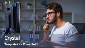  Presentation with office ergonomics man worker exercising - Cool new slide deck with workplace flexibility - young man staying late backdrop and a ocean colored foreground