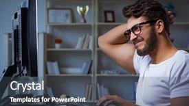  Presentation with office ergonomics man worker exercising - Presentation theme with workplace flexibility - young man staying late background and a dark gray colored foreground