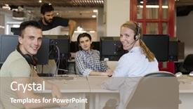  Presentation with young business people - PPT theme enhanced with workplace getting social in free background and a coral colored foreground