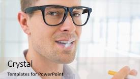  Presentation with electronic supply chain management - Theme enhanced with workplace habbit - casual businessman smoking an electronic background and a  colored foreground