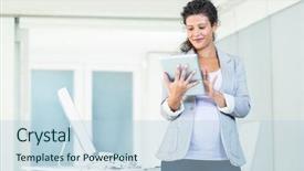  Presentation with hr digital - Beautiful presentation design featuring workplace habbit - confident businesswoman using digital tablet backdrop and a  colored foreground