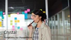  Presentation with cigarette - Theme with workplace habbit - female executive smoking electronic cigarette background and a  colored foreground