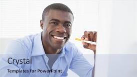  Presentation with electronic - PPT theme with workplace habbit - happy businessman with electronic cigarette background and a  colored foreground
