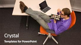  Presentation with 3d man sitting question mark - Presentation theme having workplace habbit - man sitting at with legs background and a tawny brown colored foreground