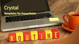  Presentation with cube - Audience pleasing PPT theme consisting of workplace habbit - routine written on a wooden backdrop and a tawny brown colored foreground