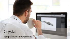  Presentation with young students working in groups - Cool new presentation with workplace habbit - young man drinking coffee while backdrop and a mint green colored foreground