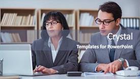  Presentation with discussion - Theme with workplace inclusion - businesspeople having business discussion background and a ocean colored foreground