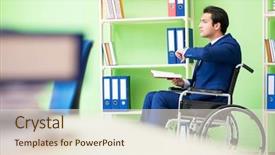  Presentation with working - Cool new PPT layouts with workplace inclusion - disabled businessman working backdrop and a  colored foreground