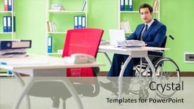  Presentation with electrical disabled vehicles - Slide set featuring workplace inclusion - disabled businessman working background and a  colored foreground