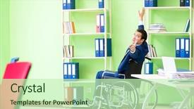  Presentation with disability disabled signs rendering 3d - Presentation design with workplace inclusion - disabled businessman working background and a soft green colored foreground